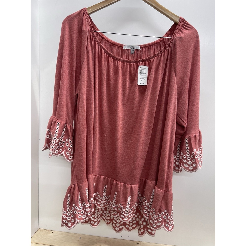 NWT Fever Women's Coral Blouse With White Embroidery Sz 2X